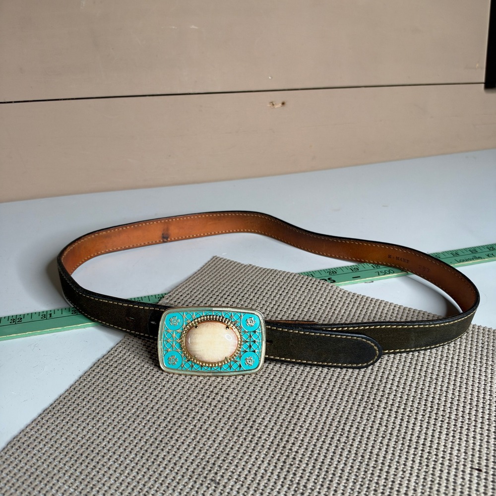 Vintage K-Mart Western Leather Belt 36 Green Turquoise Enamel Trophy Buckle